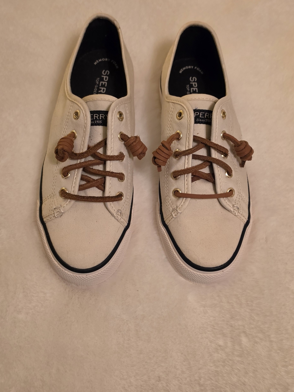 Sperry Top Sider Women's Cream Canvas Boat Shoes with Brown Laces. - Picture 3 of 7